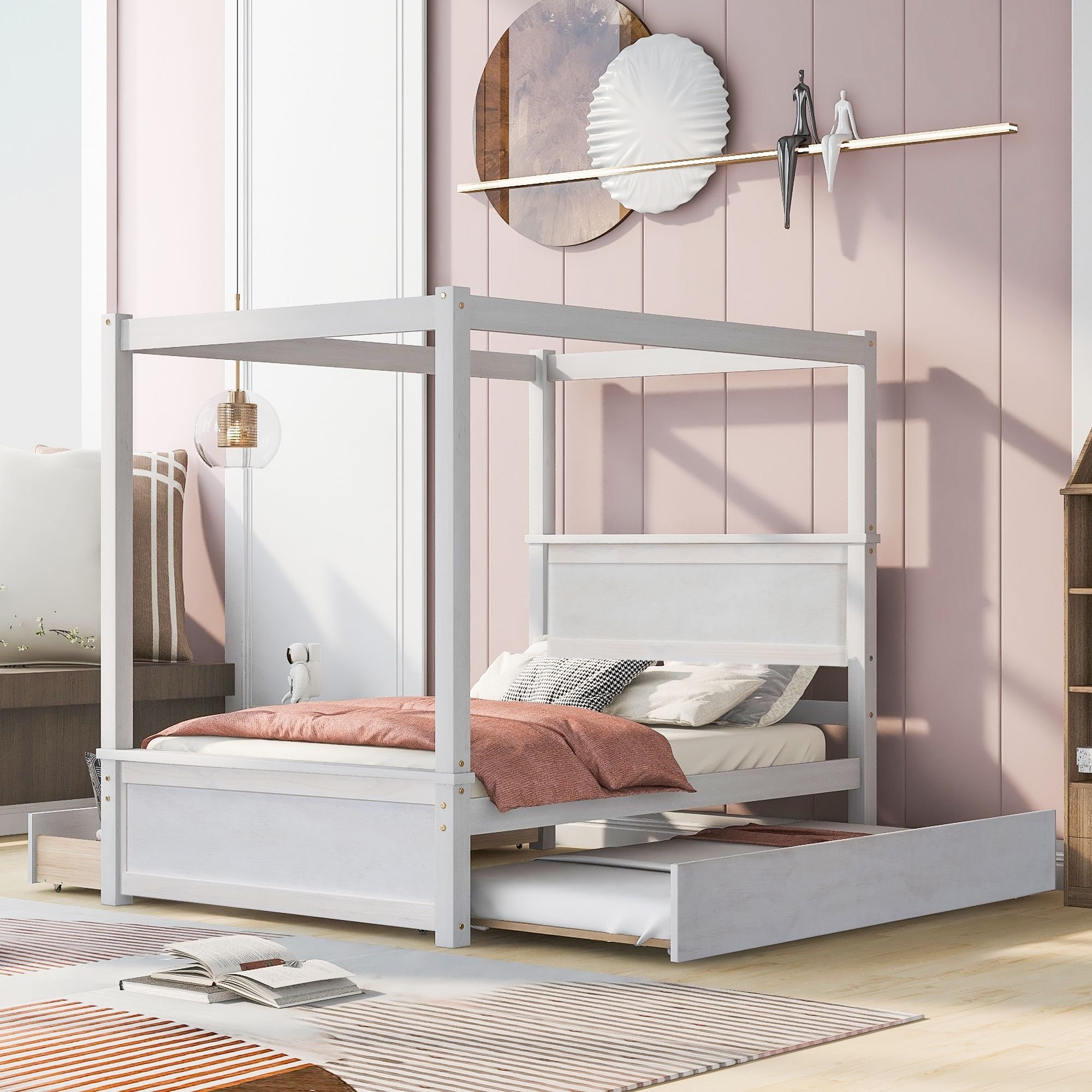 BWood Canopy Bed with Trundle Bed and two Drawers ,Full Size Canopy Platform bed With Support Slats .No Box Spring Needed, Brushed White