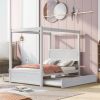 BWood Canopy Bed with Trundle Bed and two Drawers ,Full Size Canopy Platform bed With Support Slats .No Box Spring Needed, Brushed White
