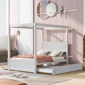 BWood Canopy Bed with Trundle Bed and two Drawers ,Full Size Canopy Platform bed With Support Slats .No Box Spring Needed, Brushed White