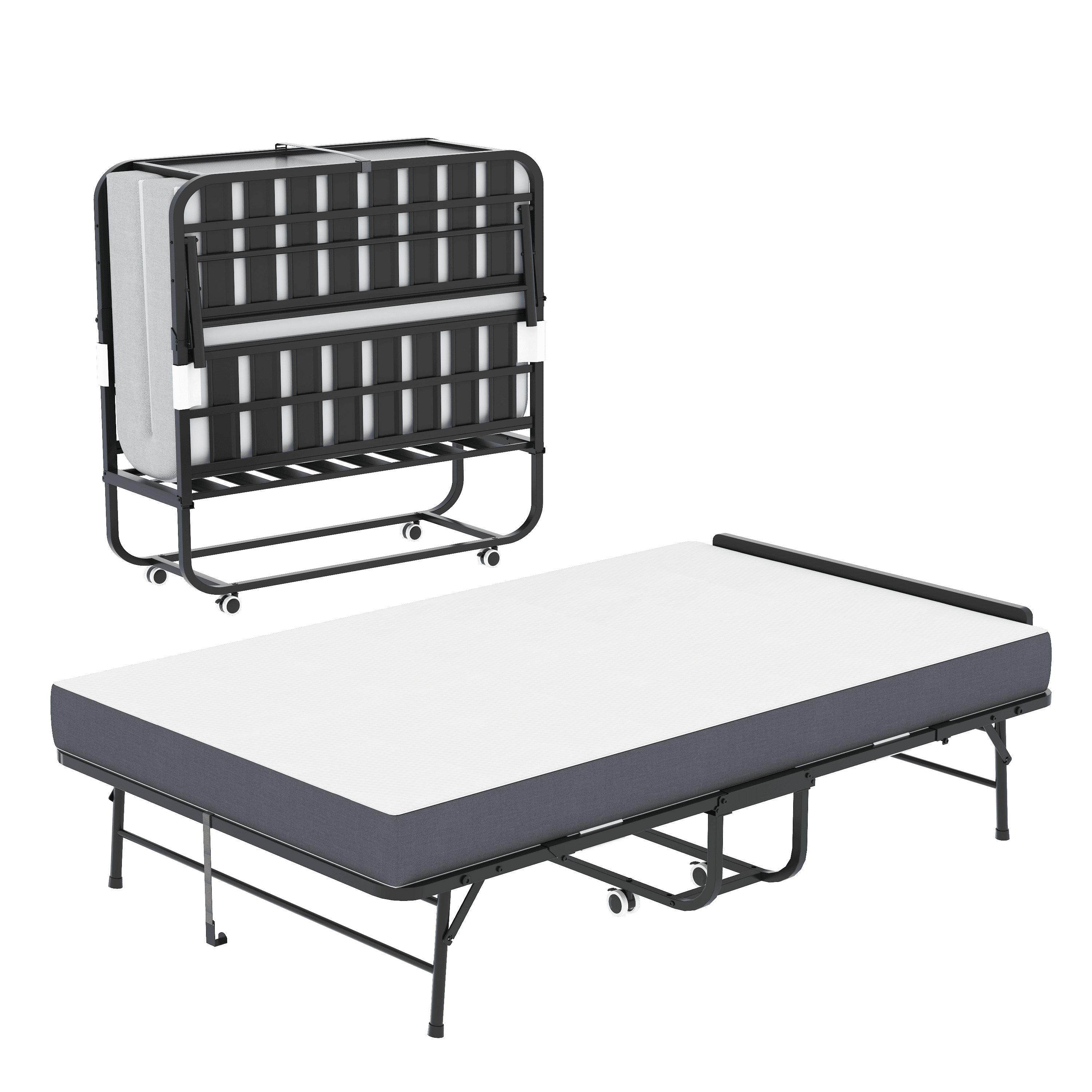 75"x46" Wide Folding Bed with Adjustable Headboard, Extra Long Rollaway Bed for Tall People, 5" Memory Foam Mattress, Heavy-Duty Guest Bed on Wheels