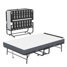 75"x46" Wide Folding Bed with Adjustable Headboard, Extra Long Rollaway Bed for Tall People, 5" Memory Foam Mattress, Heavy-Duty Guest Bed on Wheels