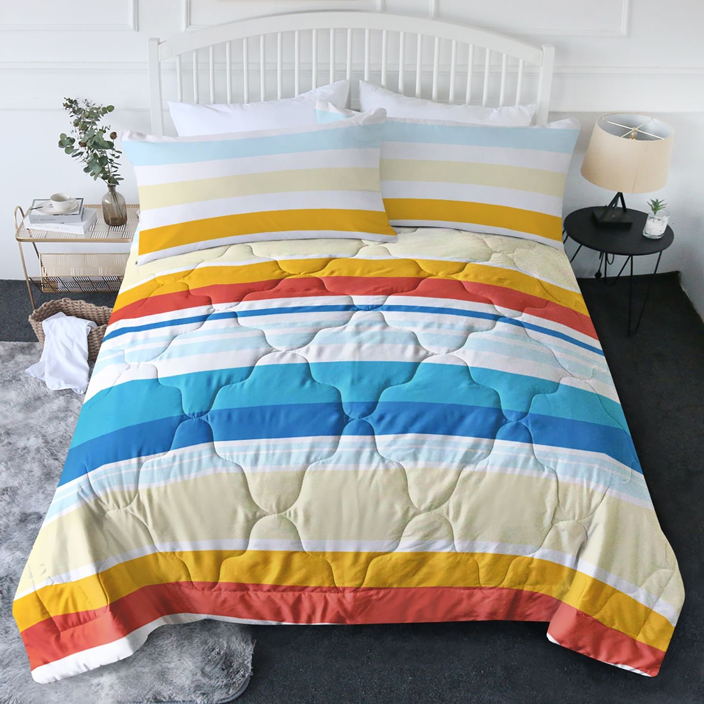 3pcs Soft And Comfortable Bedding Comforter Set Items With Rainbow Stripes, Including One Comforter Set And Two Pillowcases, Suitable For All Sea