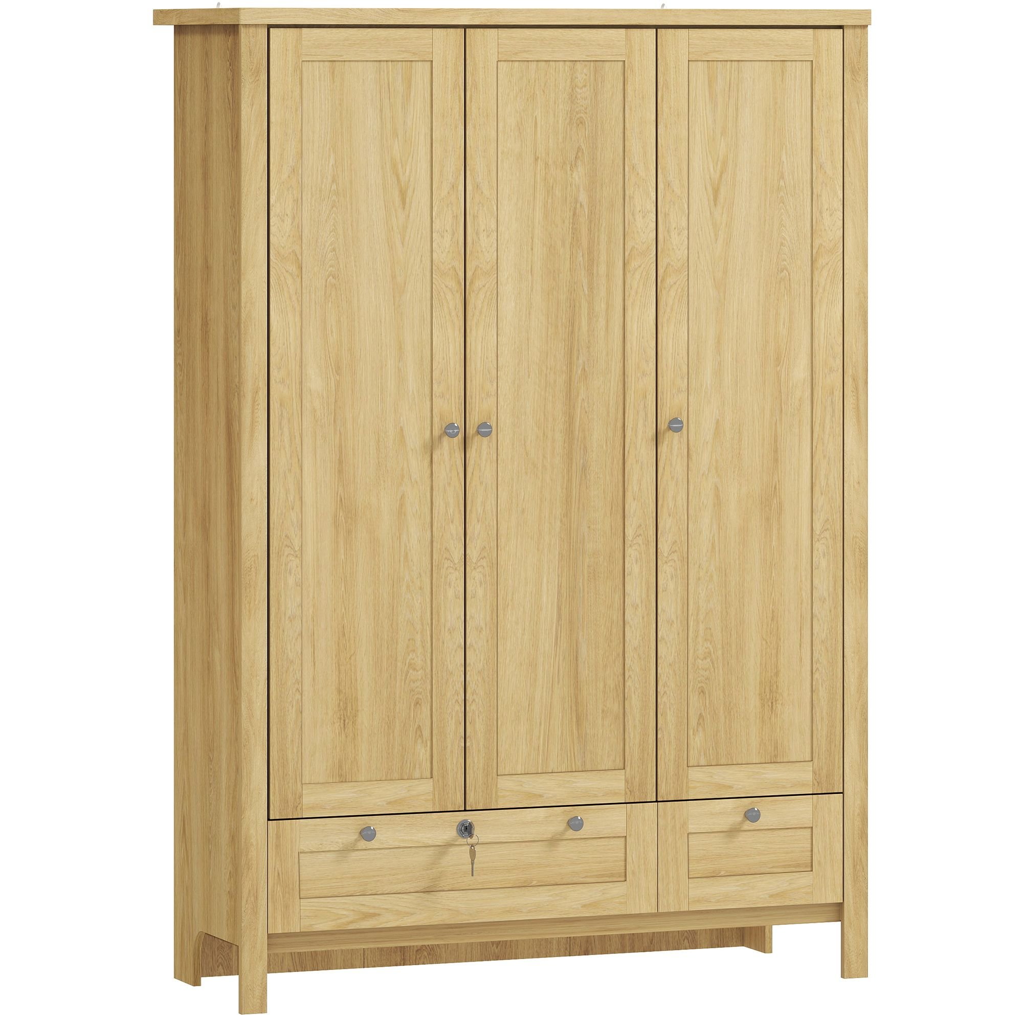 BEDHOMCOM 3 Doors Wardrobe Closet with 2 Drawers, Bedroom Armoire with Lockable Drawer, Hanging Rod and Storage Shelves, Natural