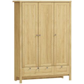 BEDHOMCOM 3 Doors Wardrobe Closet with 2 Drawers, Bedroom Armoire with Lockable Drawer, Hanging Rod and Storage Shelves, Natural