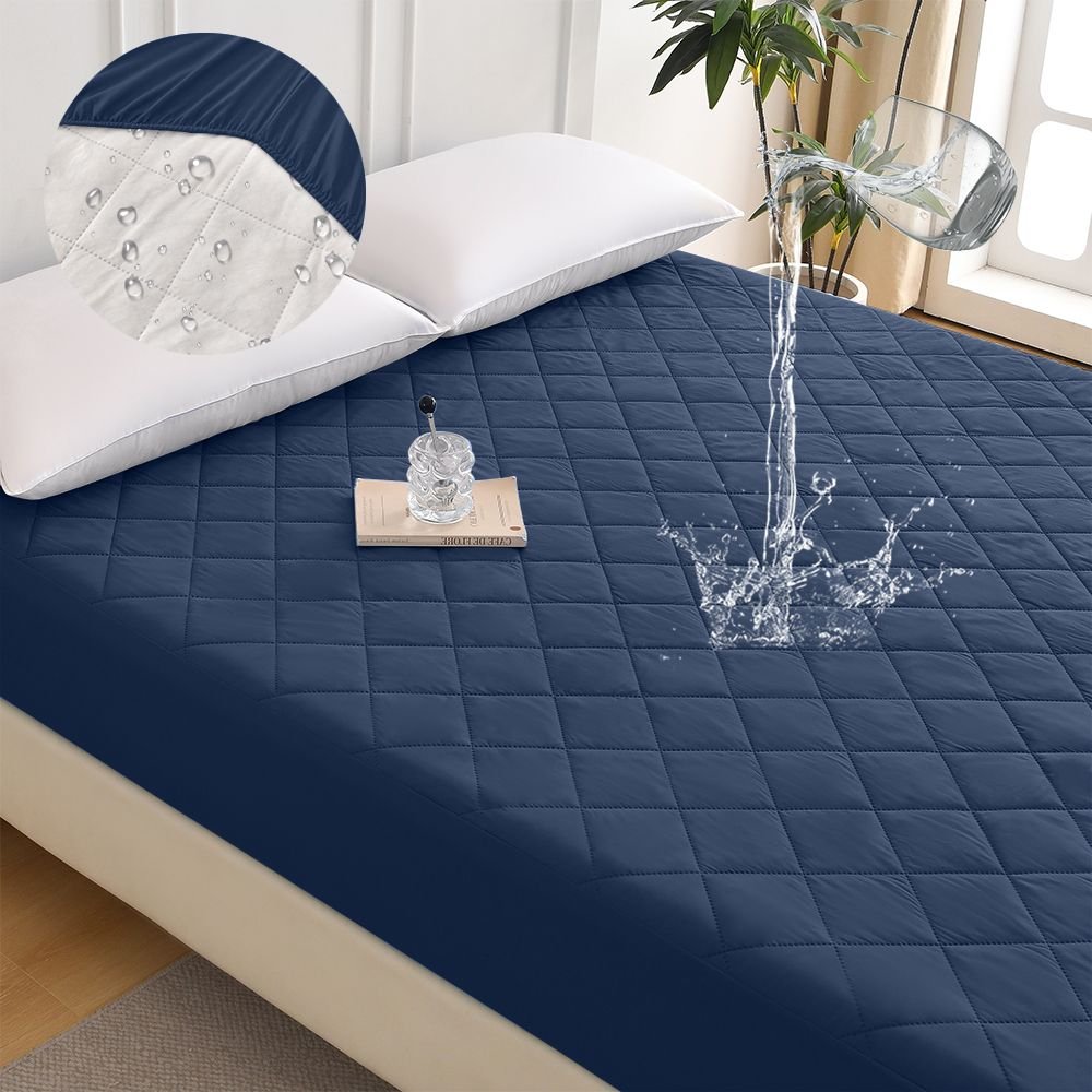 Diamond Grid Ultrasonic Waterproof Mattress Protector, KING (Color: Navy Blue)