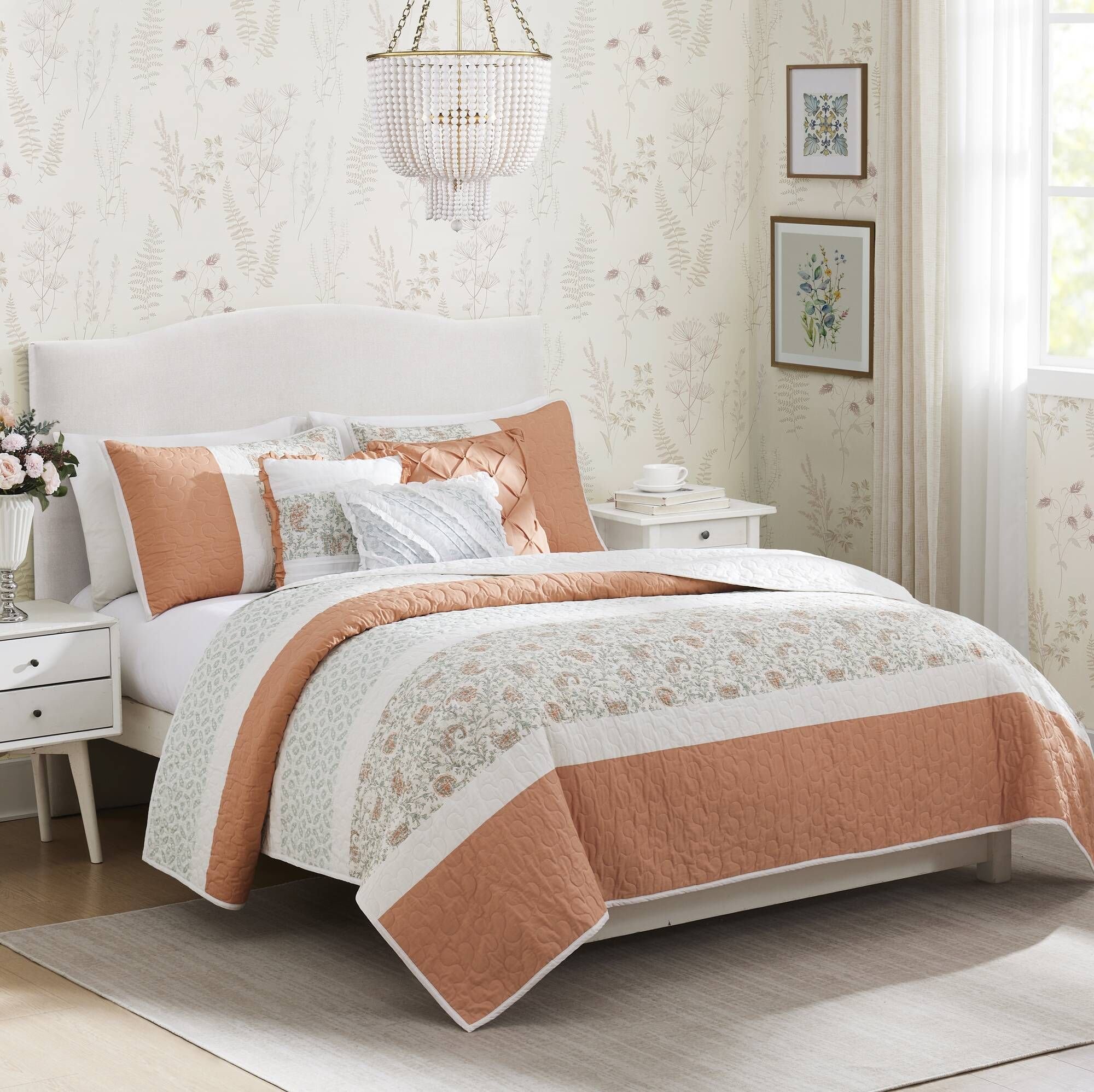 6 Piece Cotton Percale Quilt Set with Throw Pillows (Color: as Pic)