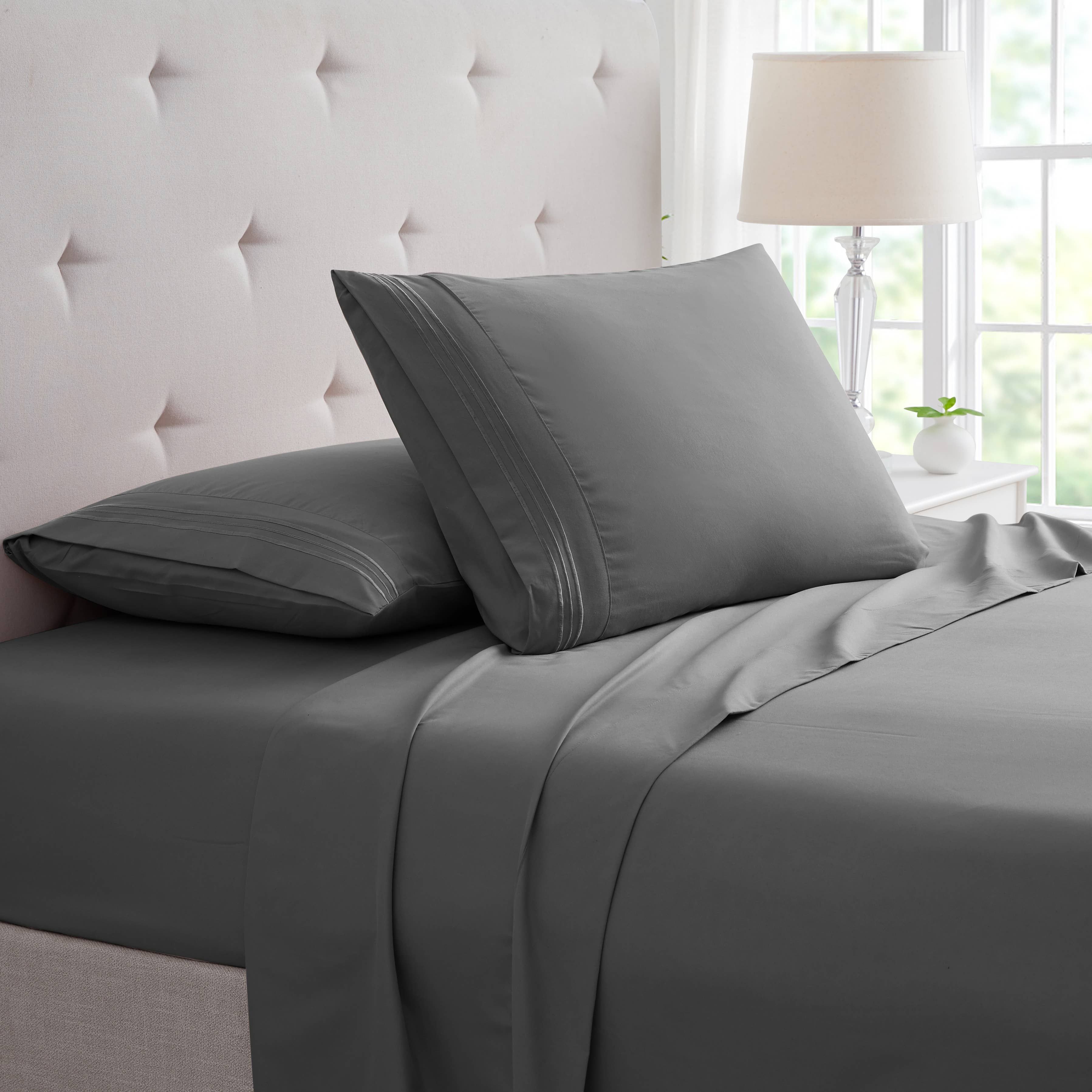 Bamboo 4 Piece Luxury 3 Line Embroidered Sheet Set (Color: Grey, size: Twin)