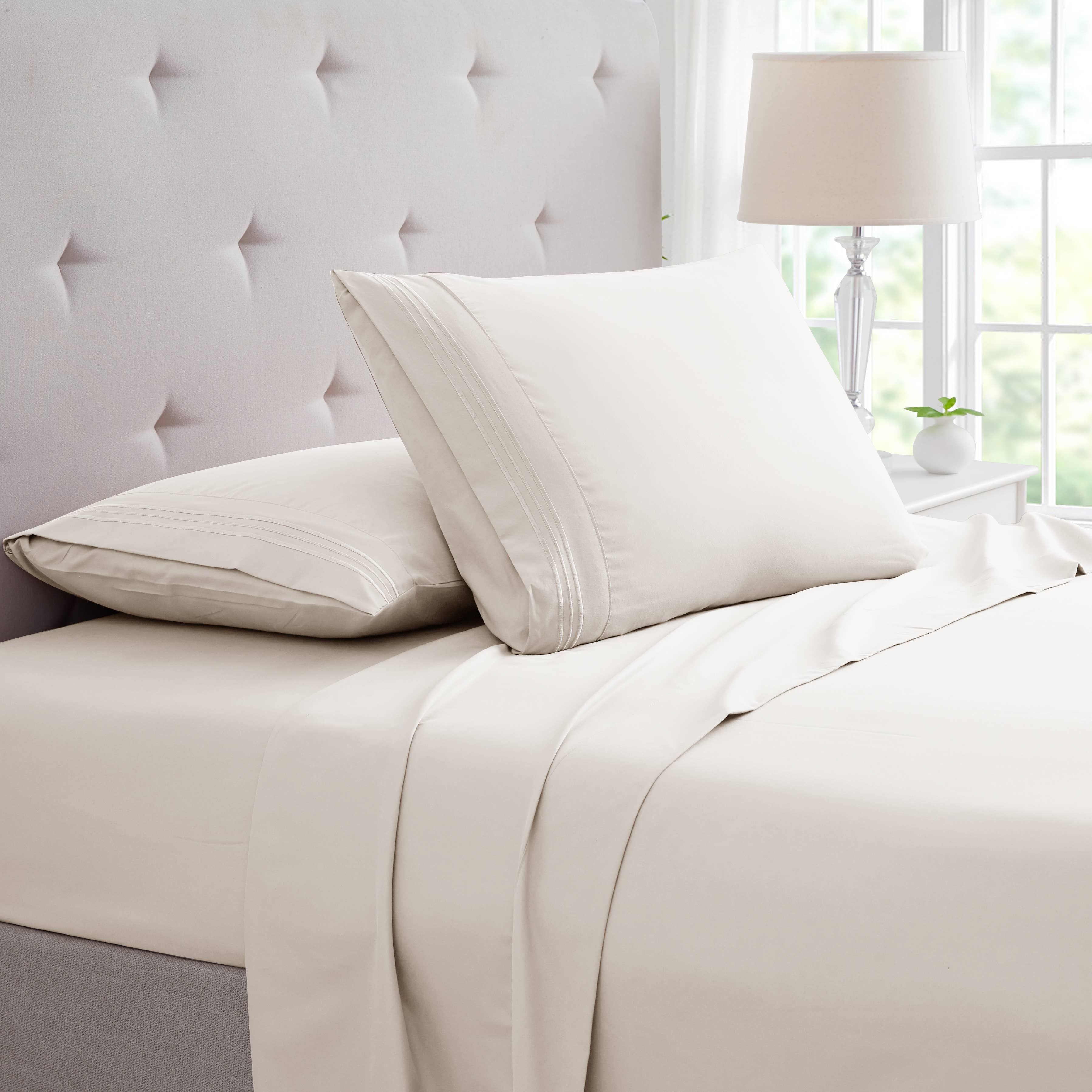 Bamboo 4 Piece Luxury 3 Line Embroidered Sheet Set (Color: Ivory, size: King)
